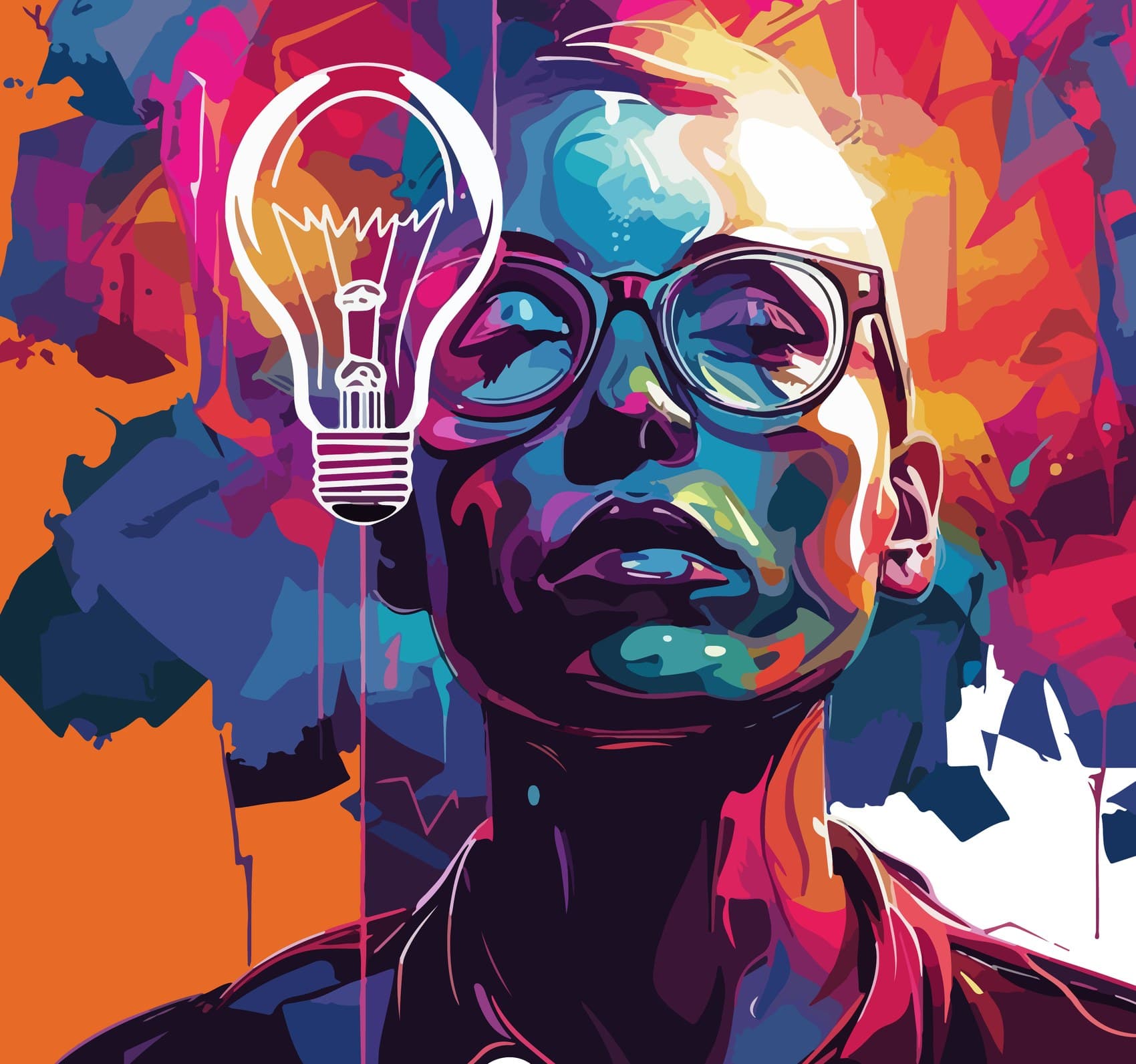 Pop-art illustration of a creative thinker with a glowing lightbulb — ideas-led marketing
