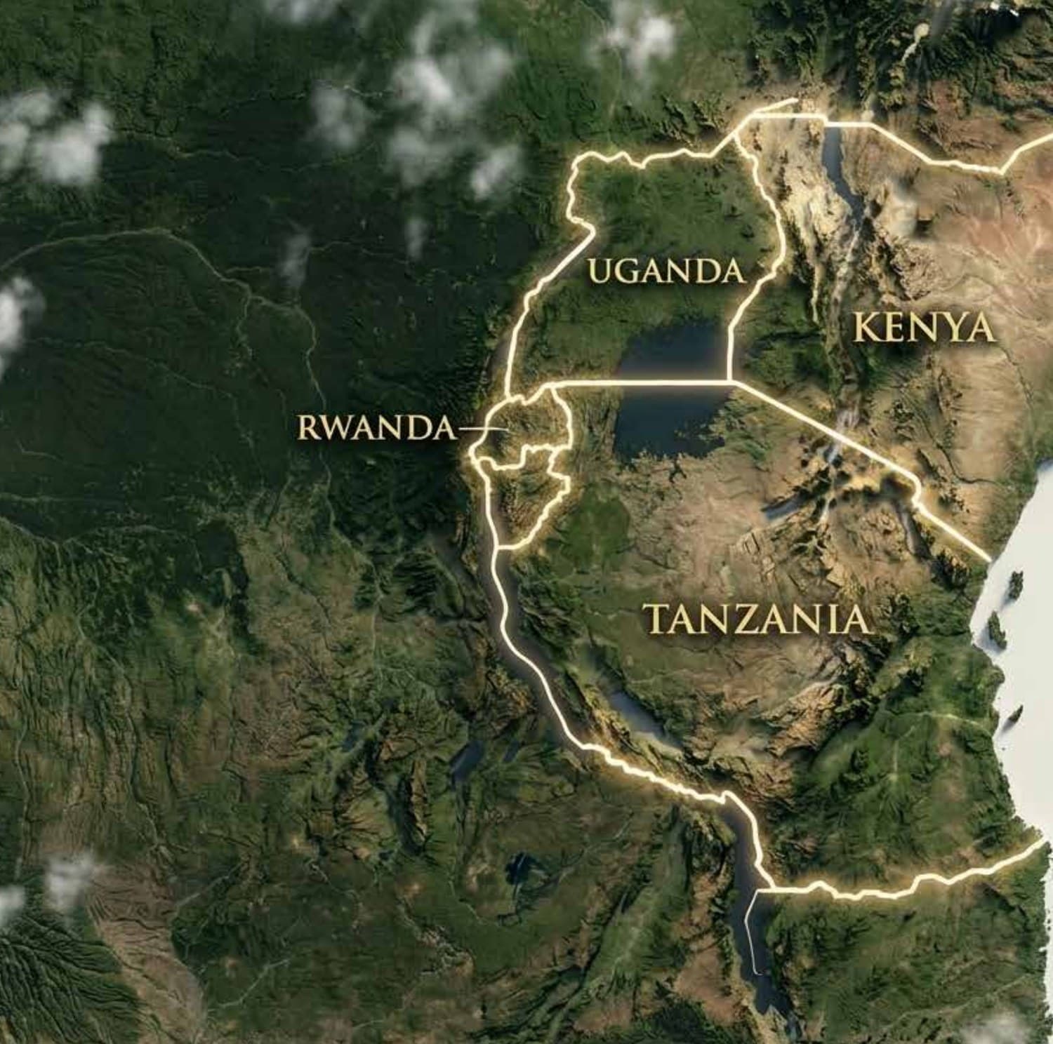 Satellite map of East Africa with Kenya, Uganda, Tanzania and Rwanda outlined in gold