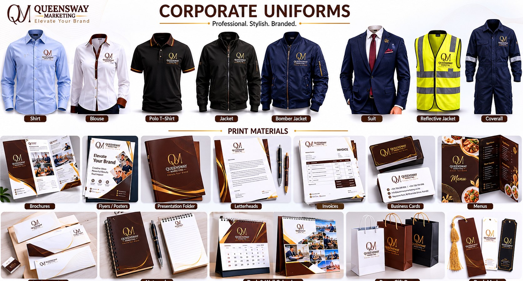 Queensway corporate uniforms and print materials — full product range mockup